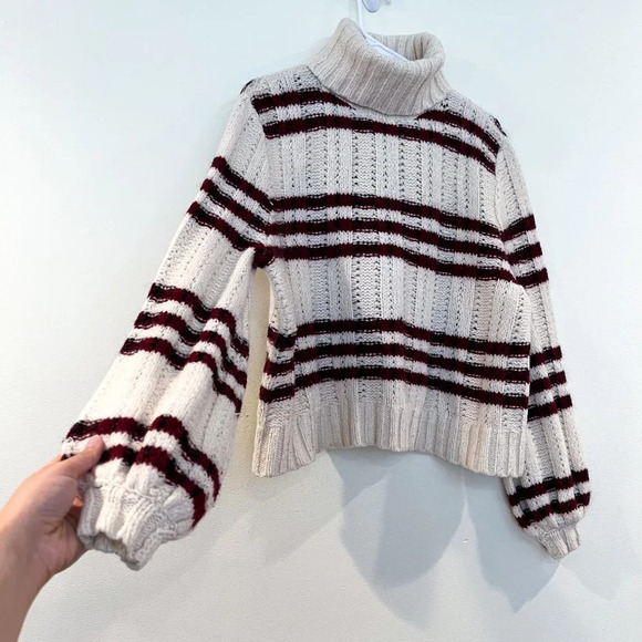 ALC Cream Red Striped Wool Mohair Blend Balloon Sleeve Turtleneck Sweater XS - Picture 4 of 8